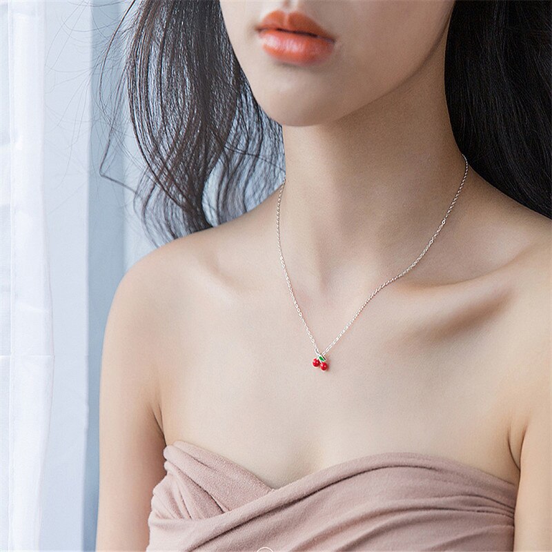 Real 925 Sterling Silver Red Enamel Cherry Choker Pendant Necklace Fine Jewelry For Women Personality Accessories