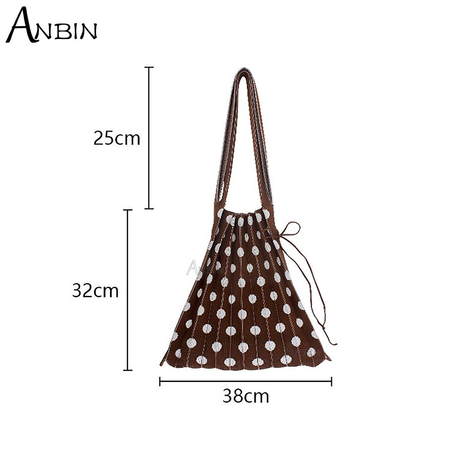 Vrouwen Polka Dot Geplooide Zak Gevouwen Contrast Kleur Wollen Gebreide Vrouwelijke Mode Schouder Handtas Orgel Grote Capaciteit Shopping Tote