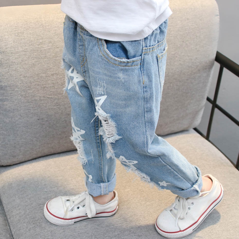 Baby Girl Ripped Jeans Star Pattern Girls Jeans Pants Hole Jeans Kids Casual Style Children's Jeans Clothes
