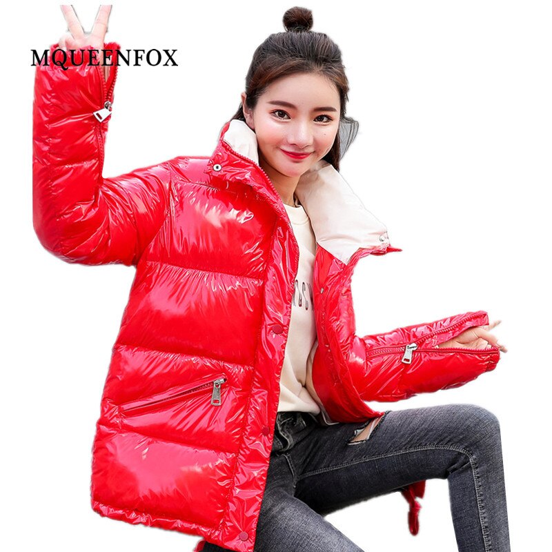 Winter Cotton Coat Women Casual Stand Collar Winter Jacket Coats With Pocket Winter Solid Color Glossy Jackets