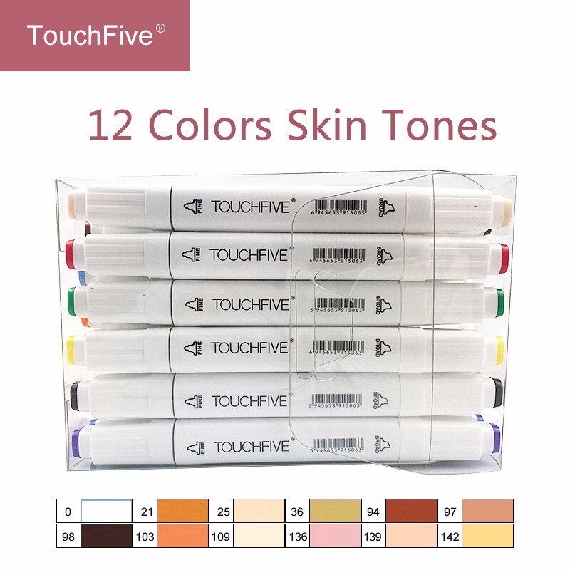 Artist Touchfive 12 24 colors Blendable Alcohol Sketch Marker pens Skin Tones set for Portrait Illustration Drawing Art Supplies: 12 Skin Tones White