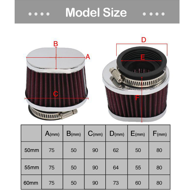 Universal 50mm 55mm 60mm motorcykel luftfilter motocross skoter airpods renare motorcykel luftintagsfilter