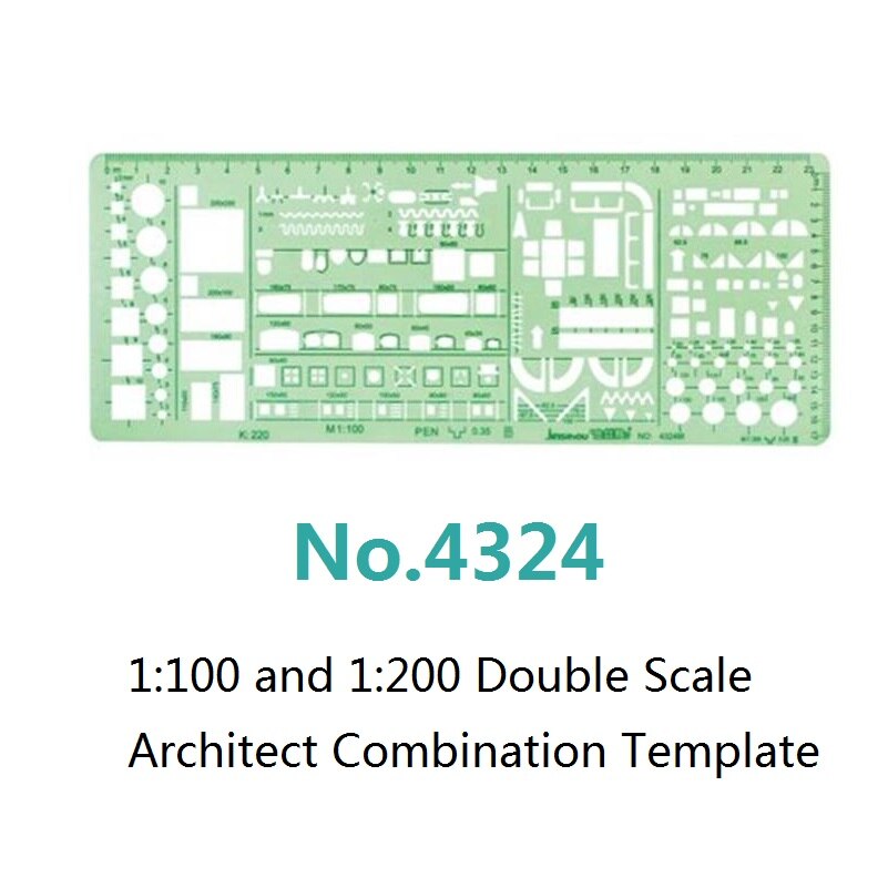 1:100 and 1:200 Double Scale Template Architect Combination Multi Stencil Symbols Technical Drafting Drawing No.4323/4324: No 4324