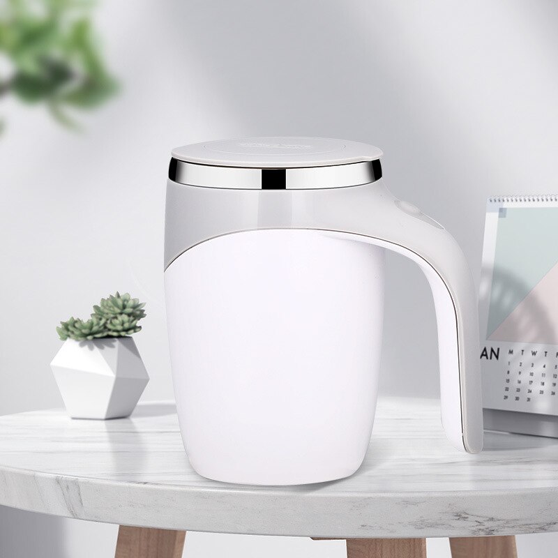 Taza automática de 380ml para café, leche y frutas, mezcladora eléctrica de acero inoxidable, giratoria, magnética: White