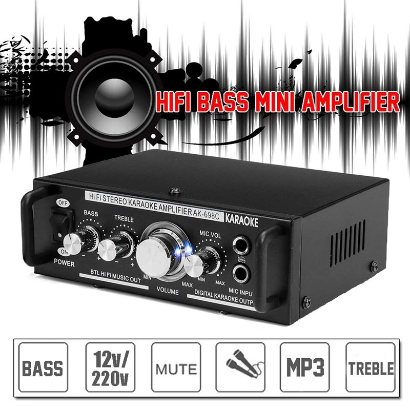 12V/220V 600W 2 Mic Stereo Speaker Mini Auto Home Bass Eindversterker Hifi MP3 Booster AK-698C Eu Plug