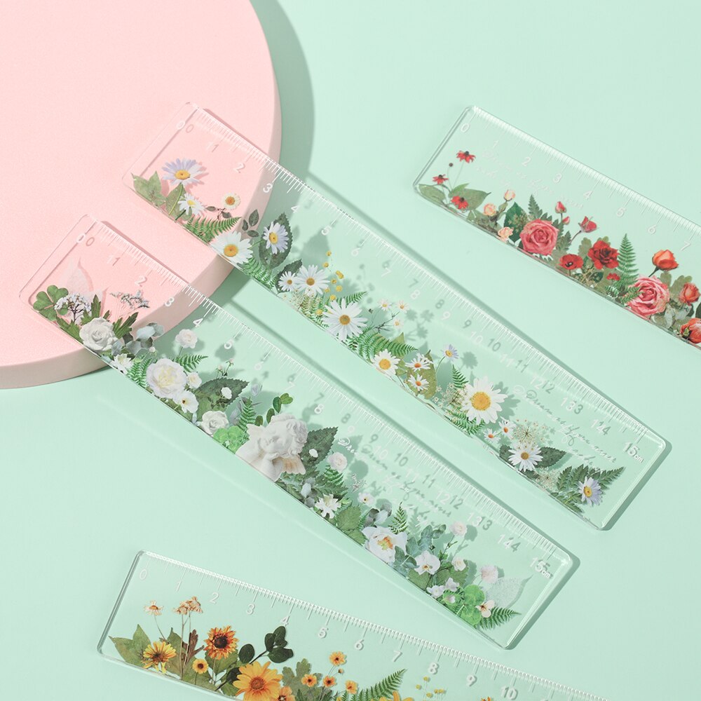 1PC 15cm Daisy Rose Pattern Ruler DIY Drawing Tools Student Flower Rulers Double-duty Multifunctional Ruler School Office Supply