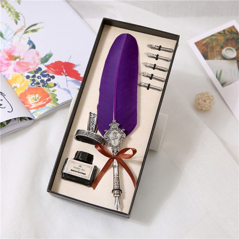 Retro Classical Feather Quill Dip English Calligraphy Fountain Pen with Writing Ink 5 Nibs Kit Set Stationery Box