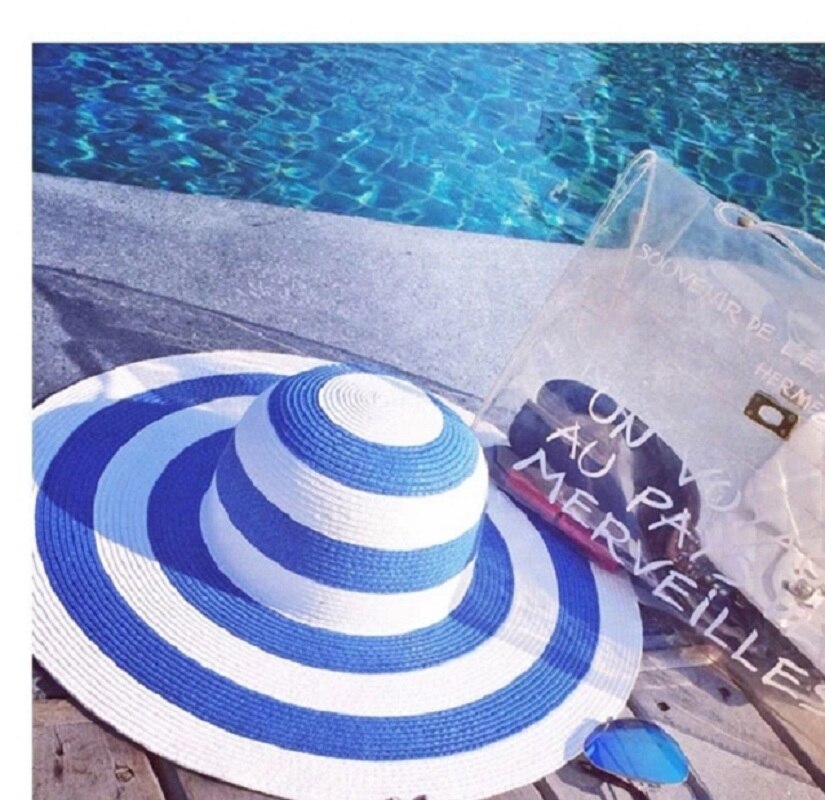 Women's Foldable Big Brim Striped Straw Sun Hat Wide Large Brim Cap Summer Travel Beach Floppy Hats Sun Protection: Blue