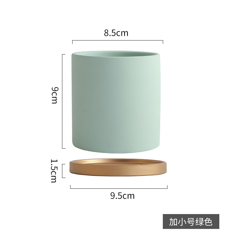Eenvoudige, rechte, kleurrijke, cilindrische, keramische bloempot in europese stijl, vetplanten, bloemen, groene dillepot met gouden schaal: F - -8.5cm