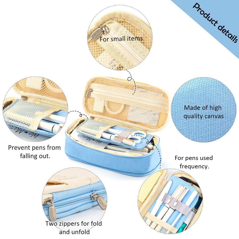 4 Kleur Grote Capaciteit Etui Canvas Stretch Dubbele Laag Cosmetische Bag Pen Box Pouch Case School Office Stationair