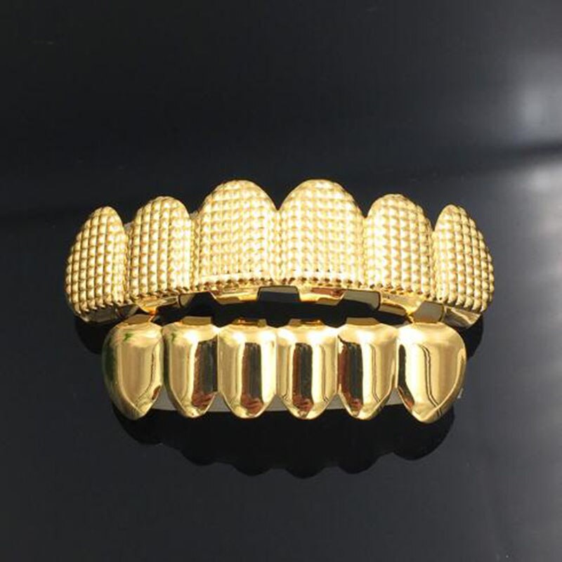 Hip hop masculino 6 topo & inferior ouro cor prata falso metal dentes grillz conjunto colisão treliça grades dentárias para o corpo feminino jóias: Gold Set