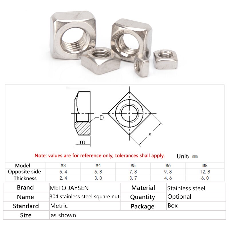 M3 M4 M5 M6 M8 M10 M12 Square Nut 304 Stainless Steel Metric Threaded Square Nuts Foursquare Quadrate Nut
