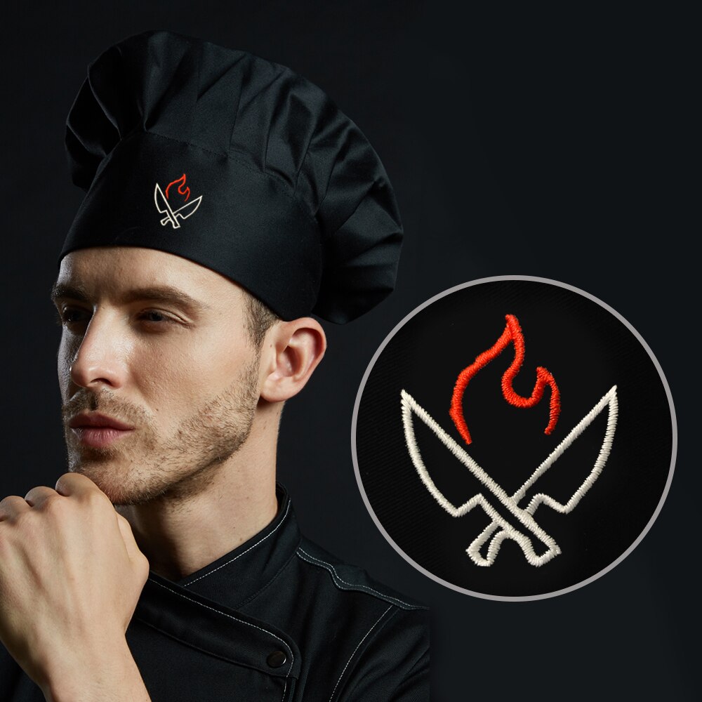Nyhet kokkekniv brodert kokk servitør kokkelue unisex justerbar kjøkken restaurant matlaging baker bbq svart arbeidshatt: 5