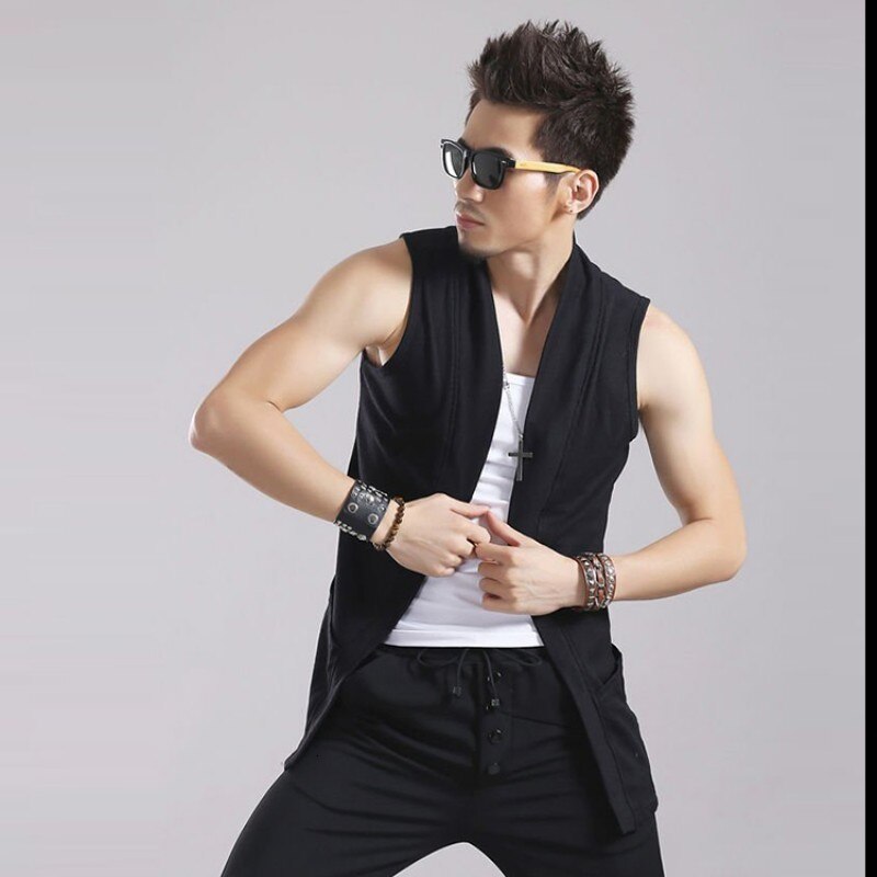 estilo japonés para hombre Casual verano sin mangas chalecos de longitud media ningún botón abierto Stitch ropa de calle chaleco masculino de talla grande