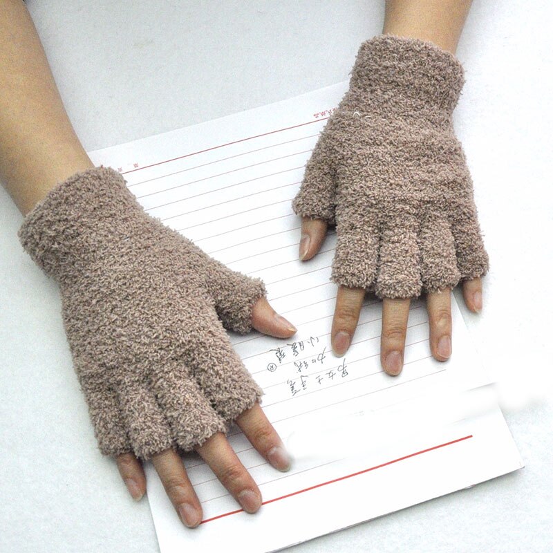 Guantes de punto de lana de Coral para adultos, manoplas de medio dedo para hombres y mujeres, guantes sin dedos para escribir: Caqui