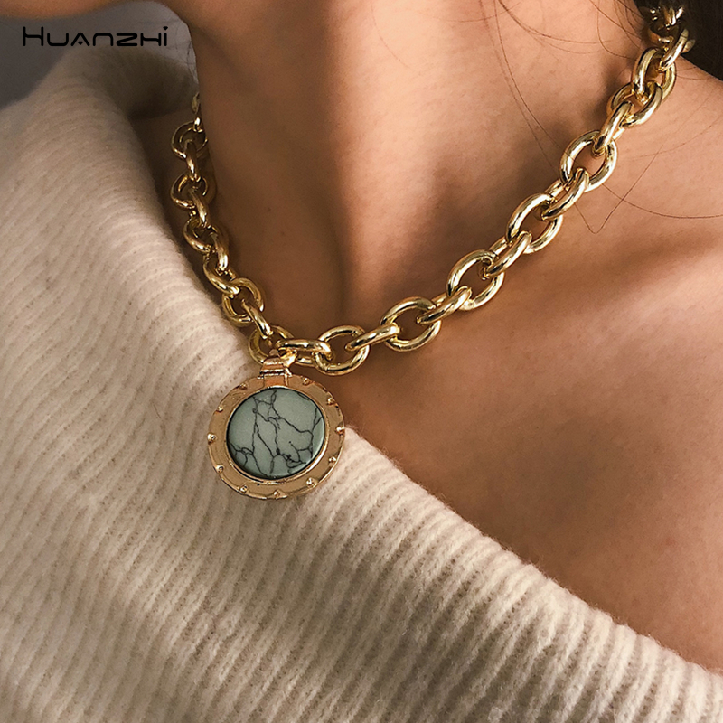 Huanzhi Retro Geometrische Steen Patroon Dikke Ketting Gouden Metalen Kettingen Voor Vrouwen Meisjes Party Vintage Mode-sieraden