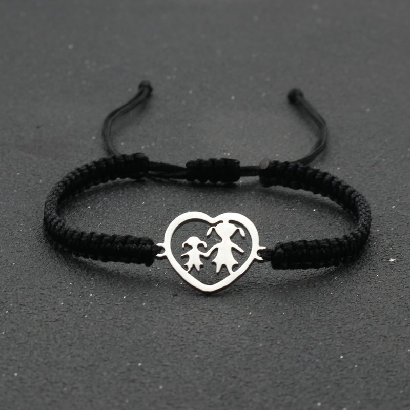 Ręcznie plecione liny bransoletka ze stali nierdzewnej w kształcie serca matka i córka uroku bransoletki dla kobiet biżuteria mankiet Pulsera: Black