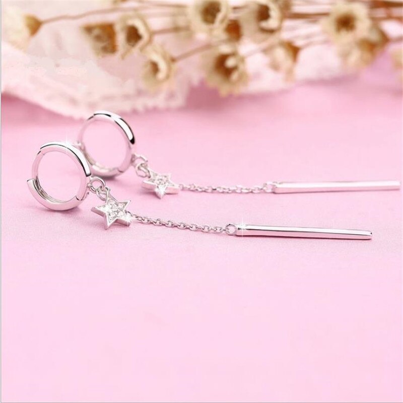 Trendy Silver 925 Earrings Female Accessories Bright Crystal Star Long Earring For Women Jewelry Lady Birthday