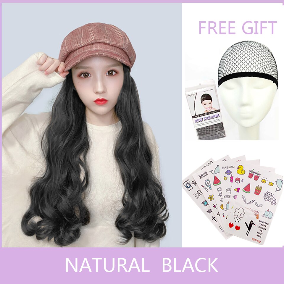 HUAYA casquette avec cheveux longs ondulés perruques pour femmes chapeau perruque synthétique chapeau Extensions de cheveux naturel faux cheveux: GZ02-138-2