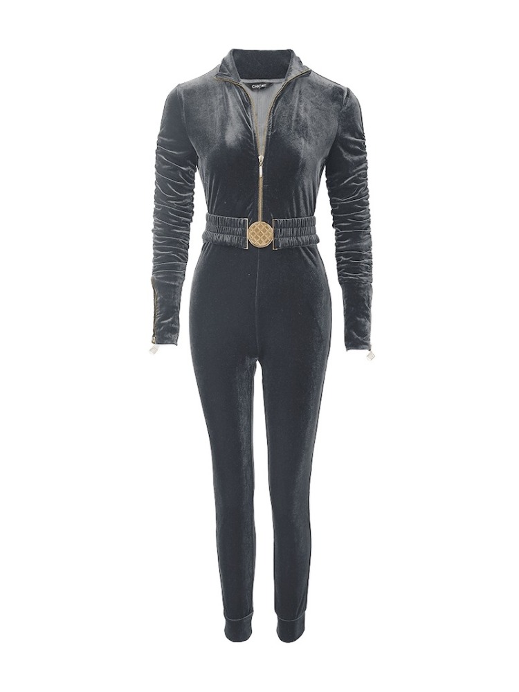 Fluwelen jumpsuits met ritsontwerp voor dames 2025, elegante jumpsuit met ruches en lange mouwen en elastische tailleriem, overall, dameskleding