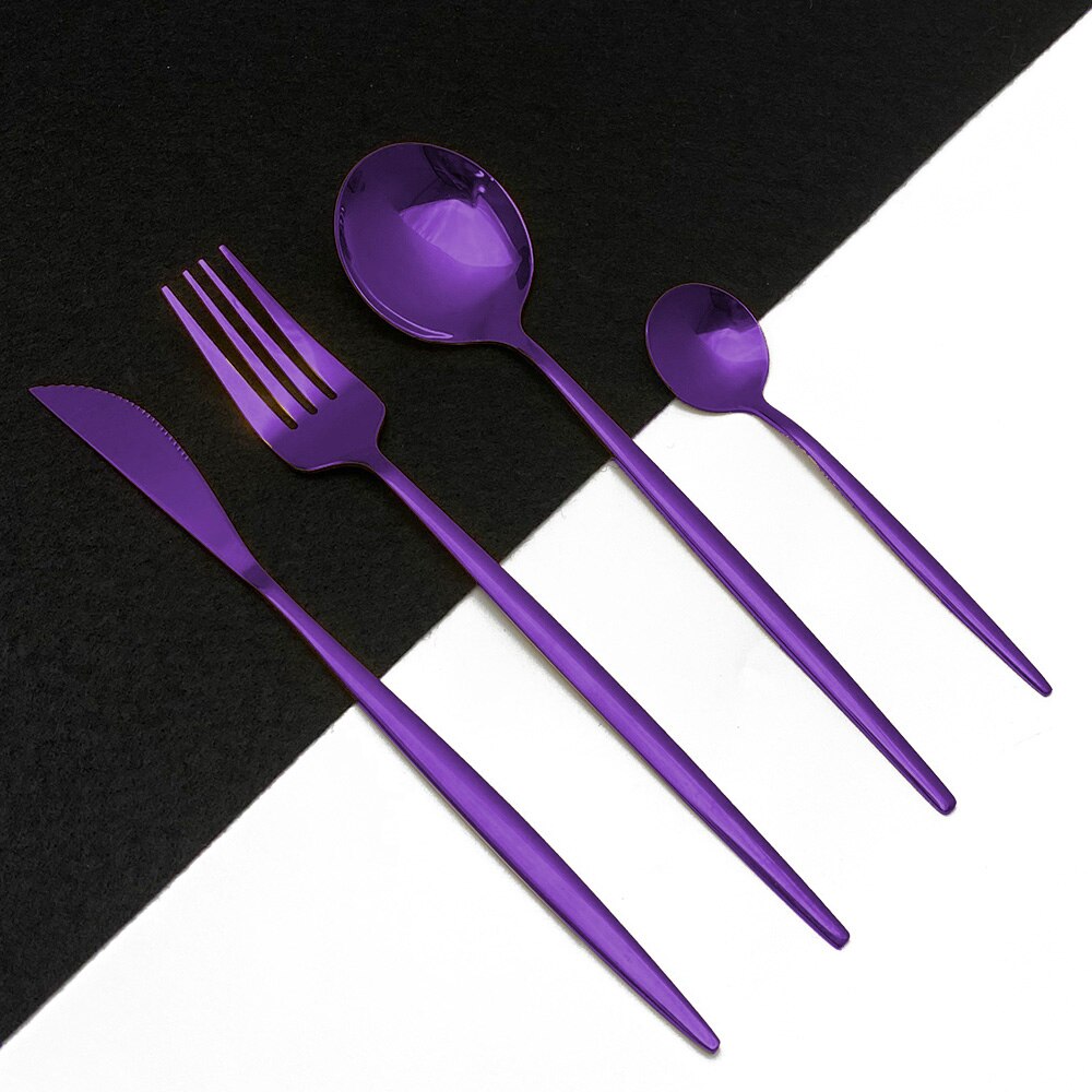 Zwart zilver 18/10 bestekset roestvrij staal 24 stuks servies steakmes theelepel feest keuken eten serviesset: Paars