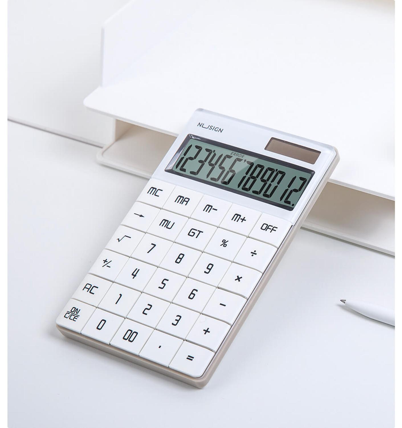 Mini Handheld 12 Digits Display Electronic Calculating Calculator Dual Power Tablet button for Students Office: white