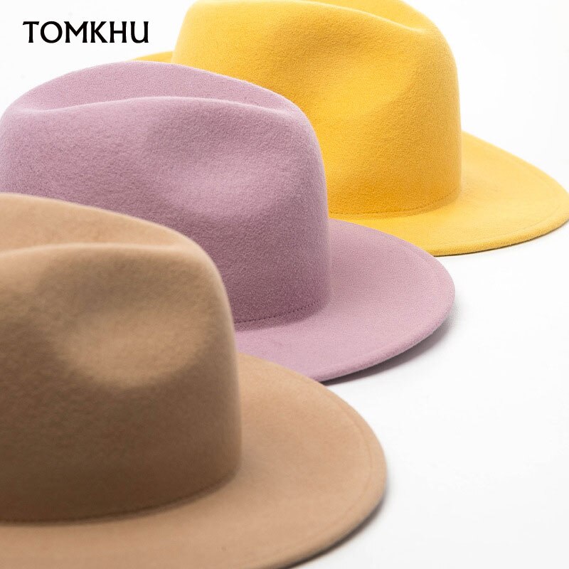 Winter Women Fedora Hat 100% Wool Wide Brim Felt Hats Cap Crushable Pork Pie Hat Female Floppy Church Wedding Bridal Hats