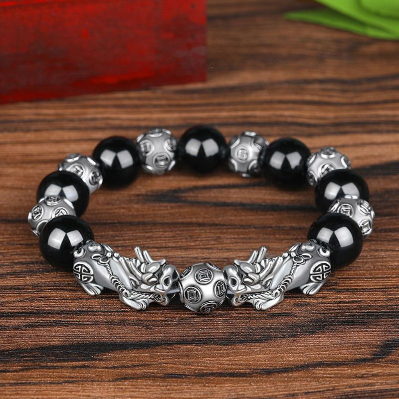 Mannen Zwart Obsidiaan Steen Boeddhisme Zes Woorden Legendarische Bixie Bead Armband Trekken Lucky Wealth Amulet Sieraden