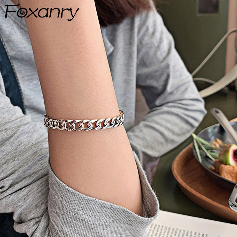 Foxanry Minimalist 925 Stamp Bracelet for Women Vintage Punk Thai Silver Lock Chain Bangles regali per gioielli da festa