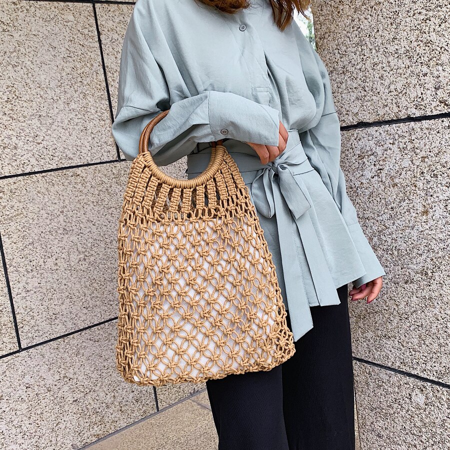 Vintage handtassen met houten handvat voor dames, rieten geweven holle damestassen, grote tassen, casual zomer strandtas, grote reistas