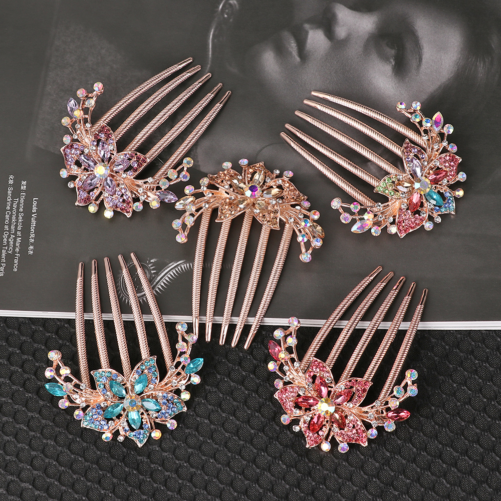 Peine de pelo con diamantes de imitación brillantes para mujer, horquilla de flores incrustadas, accesorios para la cabeza, joyería para el cabello de novia,