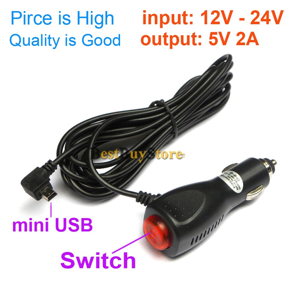 mini USB Autolader Adapter voor Auto DVR Camera/GPS/Pad, input DC 12 V-24 V Output 5 V 2A, kabel Lengte 3.5 m 11.48ft