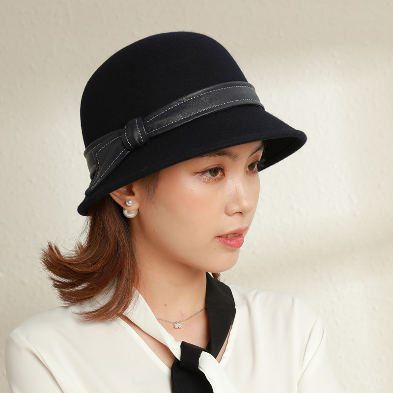 Winter Leather Ribbon 100% Wool Fedora Hats Woman Felt Bucket Hat 55-58cm: black