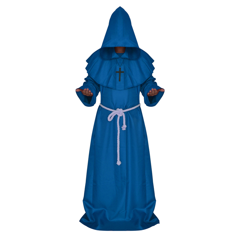 Halloween Costume Medieval Monk Priest Friar Cosplay Hooded Robes Cloak Cowl: White/Blue/Black/Coffee/Red Color: Blue Color / M