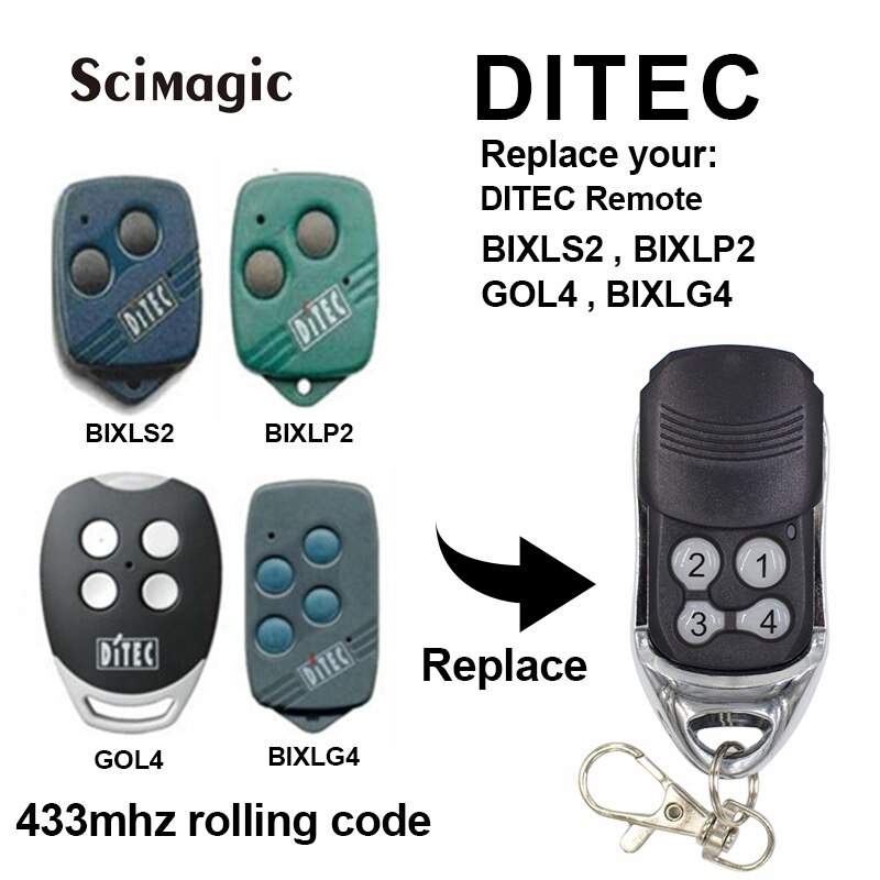 Ditec Garage Afstandsbediening Ditec BIXLS2 BIXLP2 GOL4 BIXLG4 Rolling Code Garage Remote 433Mhz & Ditec GOL4C Vaste Code opener