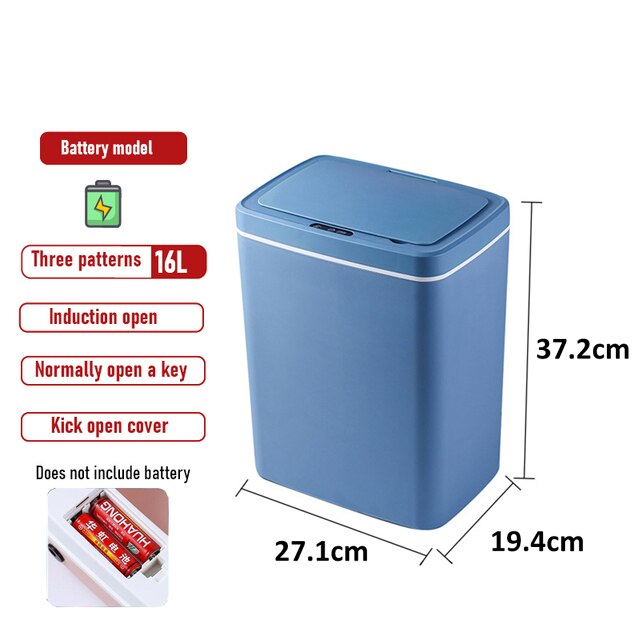 16L Intelligent Trash Can Automatic Sensor Dustbin Sensor Electric Waste Bin Home Rubbish Can For Bedroom Kitchen Bathroom Garba: NO battery blue
