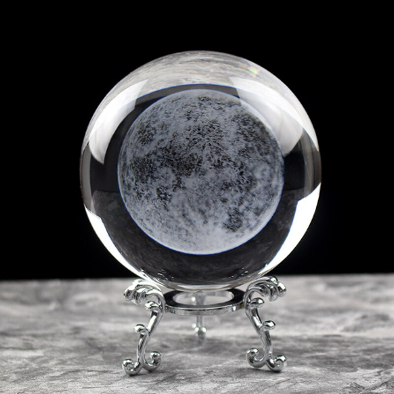 3D Moon Model Crystal Ball Astronomy Sphere Decorative Ball Planets Glass Ball Sphere Decorative Miniature Model Ball: 8cm / M With Silver Base