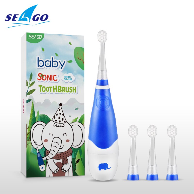 Seago Kinderen Elektrische Tandenborstel 0-3 Jaar Oude Kinderen Kleurrijke Flash Led Licht Sonic Tanden 4 Stuks Vervanging Tand opzetborstels: 902 Blue