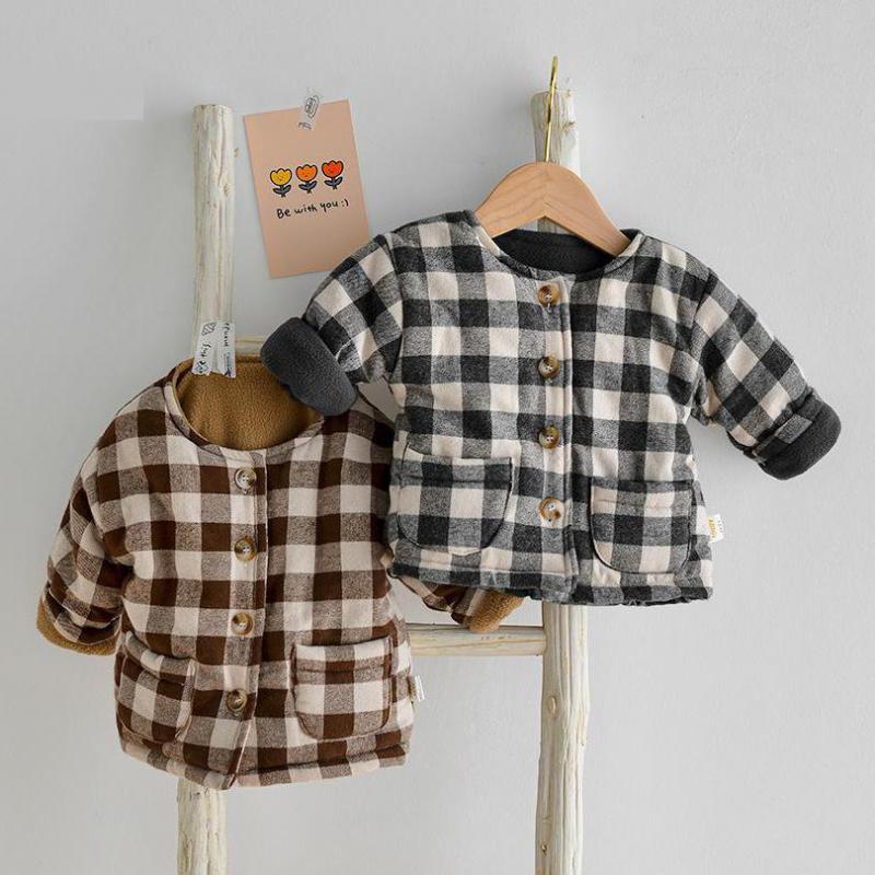 2020 nowe zimowe dziecięce ciepłe bawełniane kurtki dziewczęce ubrania dziecięce dziecięce kratki polarowe jednorzędowe płaszcze dla chłopców Outerwears