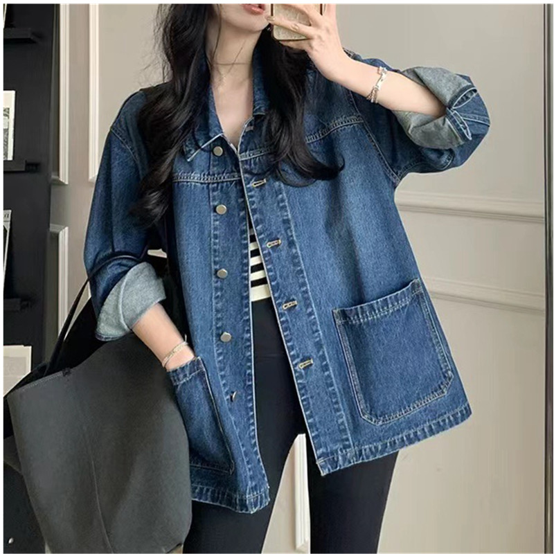 Cropped denimjakke efterår klassisk løs vasket bomuld blå jeansjakke dametøj i overtøj
