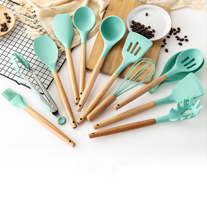 Silikon Kochen Werkzeuge einstellen Spachtel Schaufel Löffel mit Holzgriff Praktische Küche Kochen Utensilsx Geschirr Cocina Gerät
