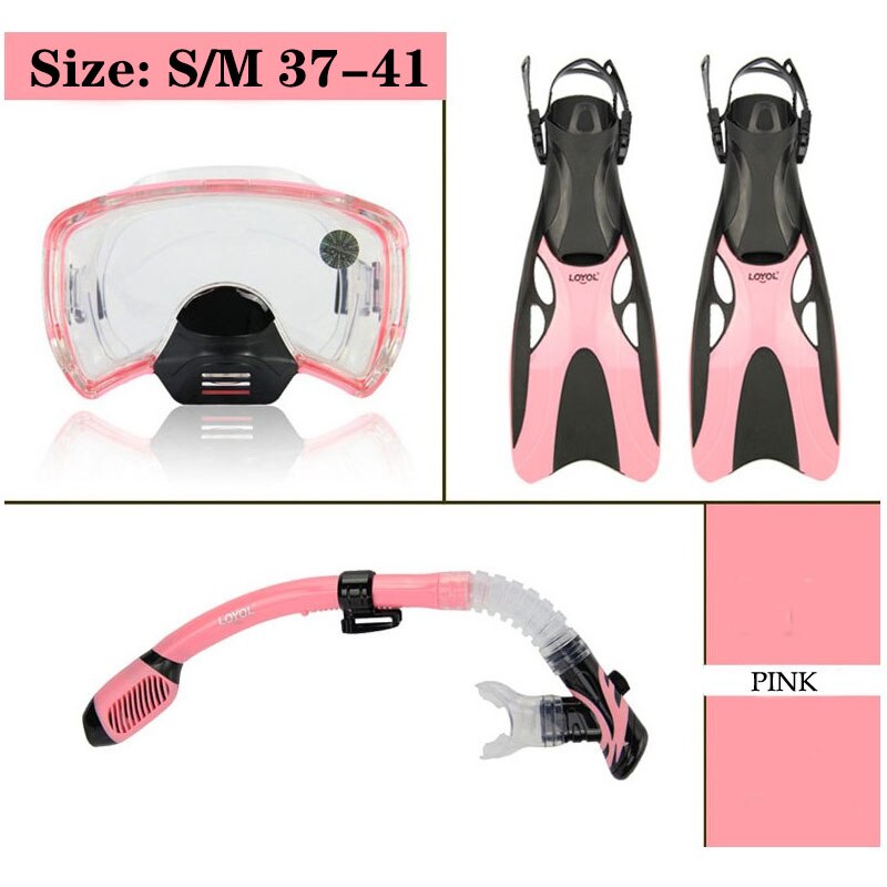 Diving Mask Diving Fins Snorkeling Tube Set Men Women Shoes Swim Glasses Adult Long Flippers Sports Equipment: Pink Size 37-41