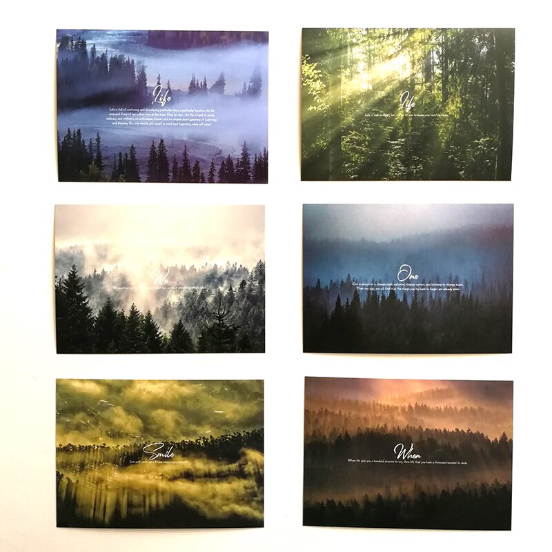30 unids/set Foggy Forest con frase inglesa clásica Selección de tarjetas de paisaje de fotografía de bosque postales