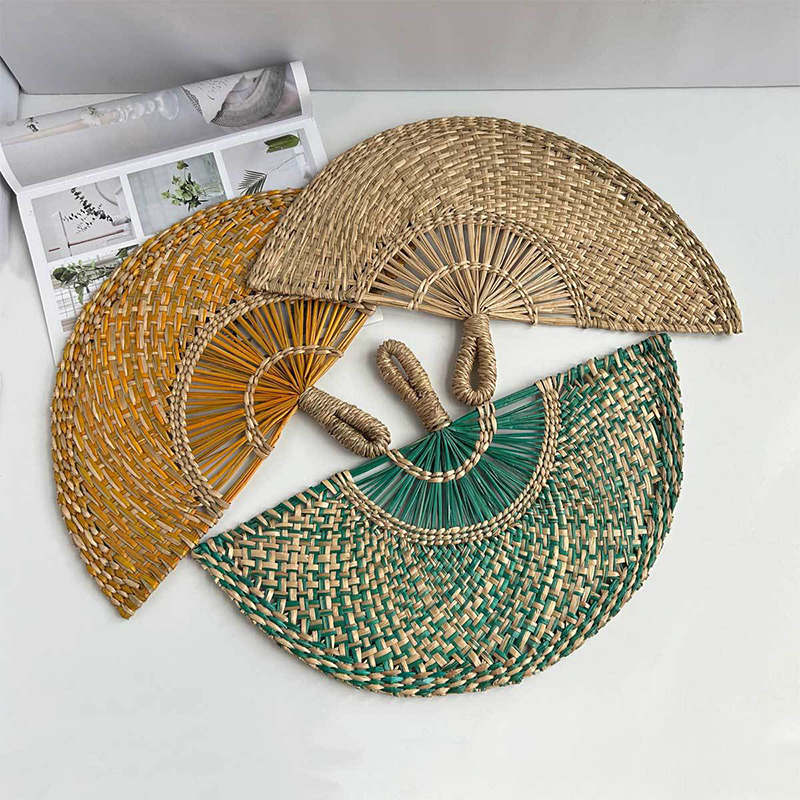 Hand-woven Straw Fan Decorative Handmade Semicircular Woven Fan Summer Cooling Fan Handheld Fan Home Decor