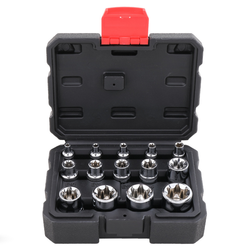 14pcs/set E Plum Blossom Star Female Drill Bit Socket Set 1/2" 3/8" 1/4" Driver E4-E24 Repair Tool Hand Tool Set: black