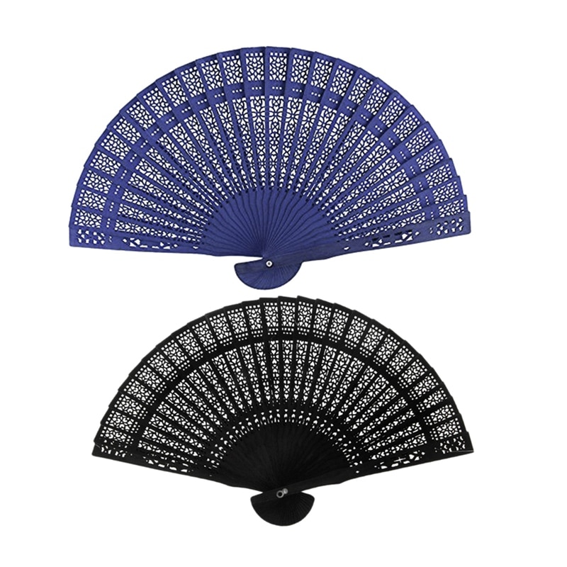 2Pcs 8 Inch Chinese Japanese Folding Fan Wooden Hand Flower Bamboo Pocket Fan for Home Decor Party Decoration - Blue & Black