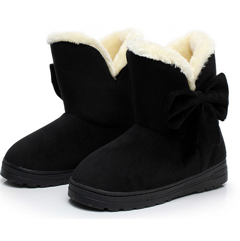 femmes bottes de neige hiver fourrure bottines femme noeud papillon plus en peluche daim caoutchouc plat sans lacet plate-forme dames chaussures: Black / (35-36)