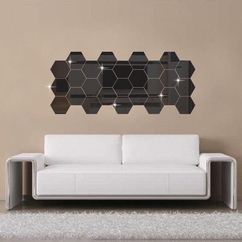 Pegatinas de pared de espejo 3D, hexagonales dorados y plateados, Espejos decorativos, adhesivos de adorno extraíbles para decoración para el hogar, suministros personalizables: Black