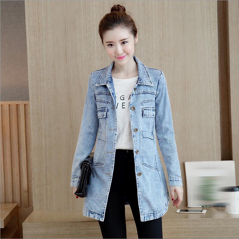 Høst vinter koreansk dongerijakke dame slank lang base coat dame frynsete marineblå plus size jeans jakker jakker kul 5xl: Lyse blå / 5xl