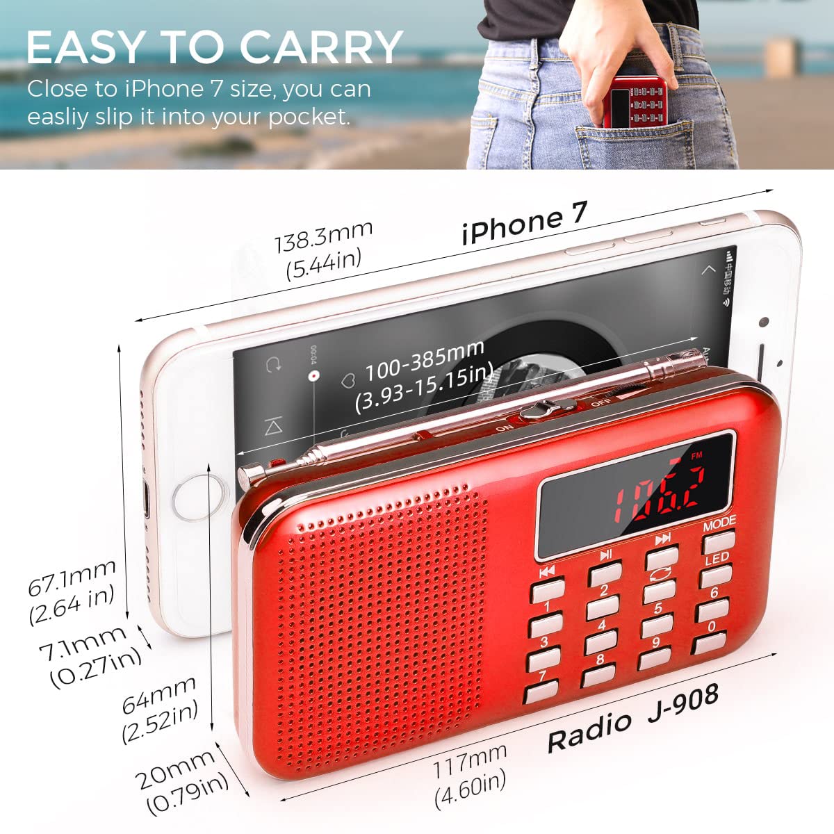 PRUNUS J-908 Radio Portable AM FM Radio poche HIFI stéréo haut-parleur météo Radio Station Radios numérique Rechargeable